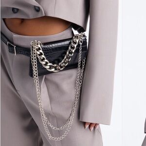 Black Croc Belt Bag with Silver Chain Detail